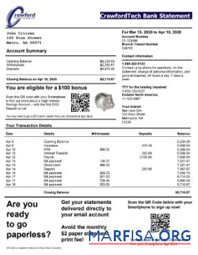 Printable Canada CrawfordTech bank statement word download for verification
